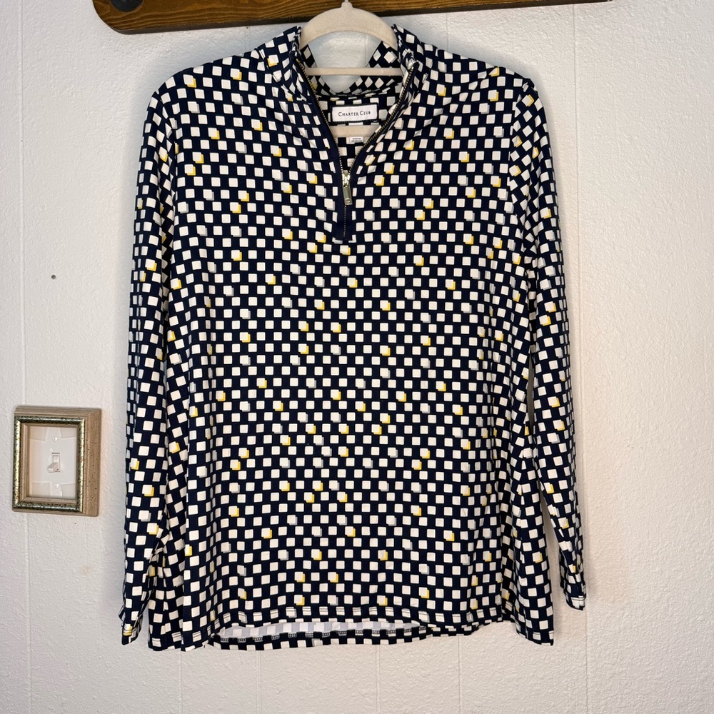 Charter Club Navy, White & Yellow Geometric Quarter-Zip Top